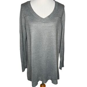 Catherines Women’s Silver Gray V Neck Studded Metallic Long Sleeve Sweater Sz 0X